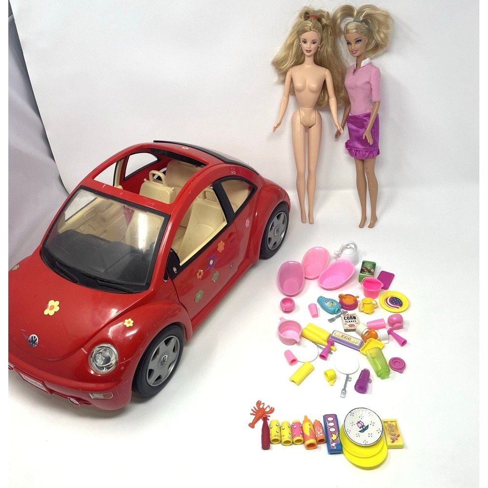 Vintage Barbie Volkswagen‎ Beetle Car Red Flower Bug 2 Dolls Play Food Lot 2000s